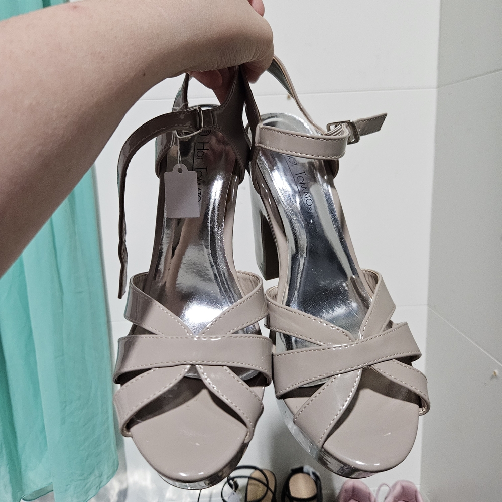 Hot Tomato Beige Patent Crisscross Ankle Strap Heels